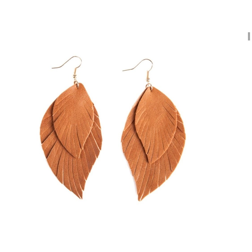 Plunder Design Cognac Brown Leather Layered Feather Fringe Earrings Boho